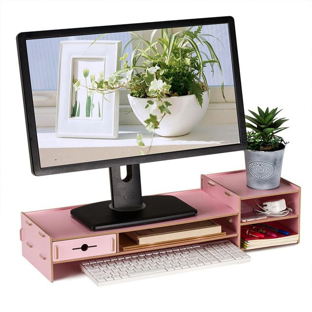 Aimo Monitor- und Laptopständer als modernes Büro-Schreibtischregal in Rosa und Holzoptik - Bild 1