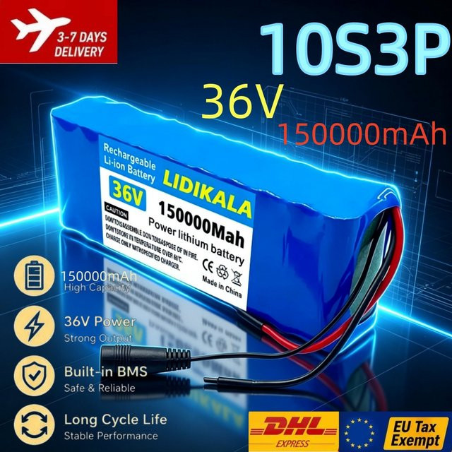 Lithium-Akku 36V 10S3P mit 150000mAh und integriertem BMS-Schutzmodul in Blau für Elektrofahrzeuge, Roller und Scooter - Bild 1