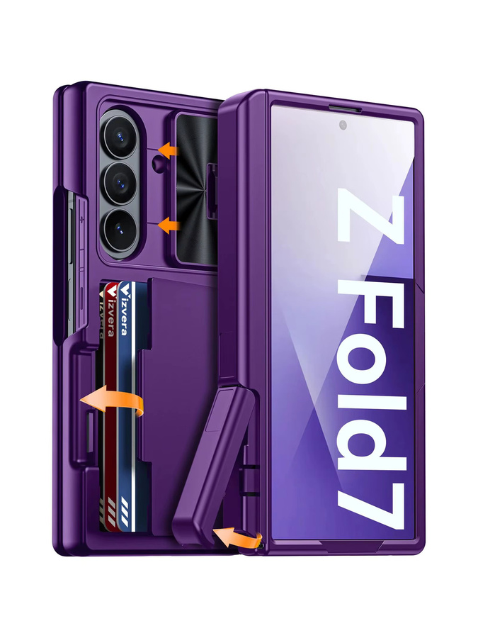 BANGZAO Handyhülle für Samsung Galaxy Fold 7 mit RFID-Kartenhalter, verstecktem Ständer und Kameraabdeckung, stoßfeste Silikon-Wallet-Hülle in Lila - Bild 6