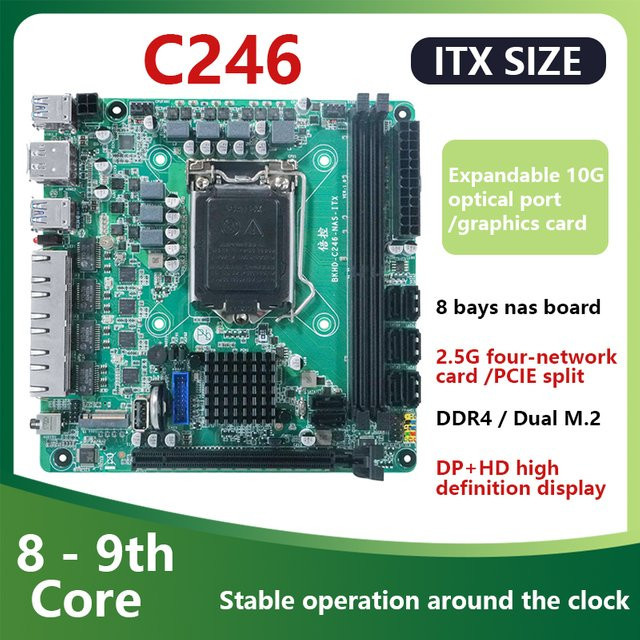 YiHESZ C246 ITX NAS-Motherboard in Grün, LGA1151 für 8./9. Generation Core-CPU, 8x SATA 3.0, 4x I226 2.5G, 2x M.2 NVME, 2x DDR4, PCIE 16X, Mini-ITX - Bild 1