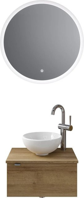 Pelipal Badmöbel-Set Serie 6915 Riviera Eiche mit Keramik Aufsatzbecken, Waschtischunterschrank und Funktionsspiegel mit LED-Beleuchtung und Sensor-Schalter, Breite: 70 cm - Bild 1