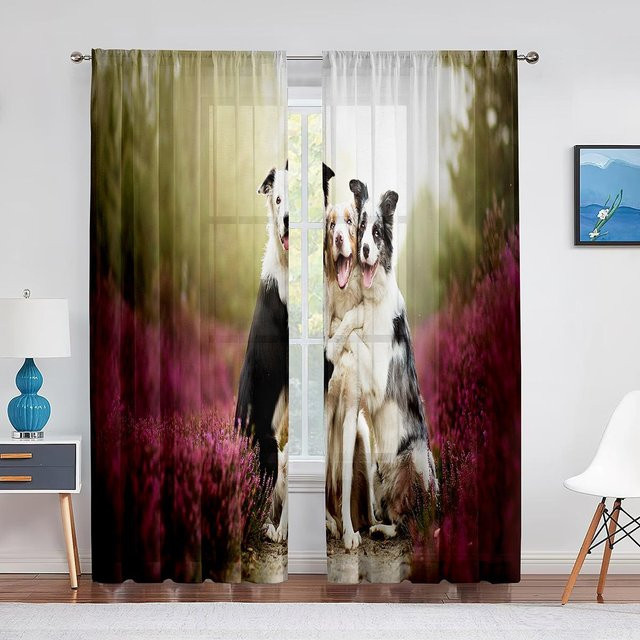 Transparentes Voile-Tüllvorhang von Super Six mit Australian Shepherd und rosa Blumenmuster, Farbe: Rosa/Mehrfarbig, Breite: 100 cm, Höhe: 250 cm - Bild 1