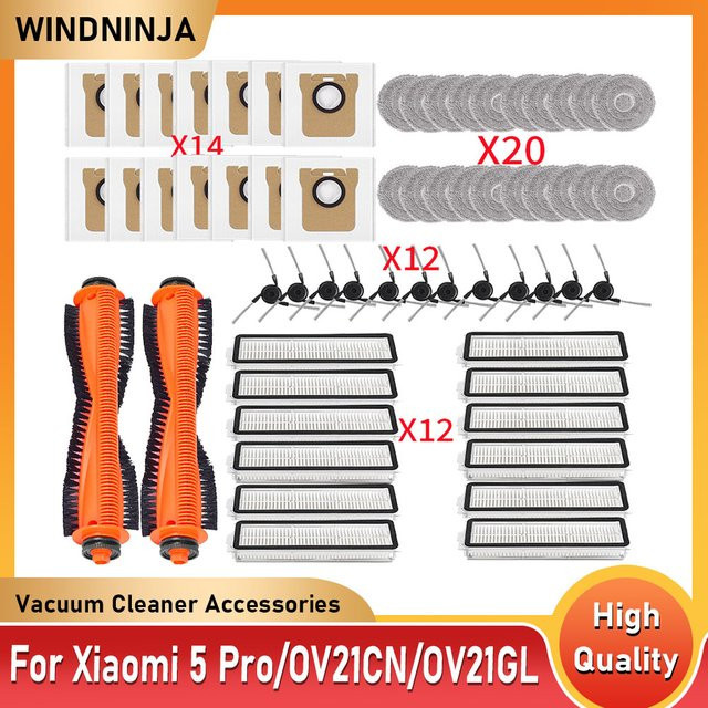 WINDNINJA Ersatzteil-Set für Xiaomi Mi Robot Vacuum S5 Pro: Wischtücher, Staubbeutel, HEPA-Filter, Seitenbürsten und Hauptbürste - Bild 1