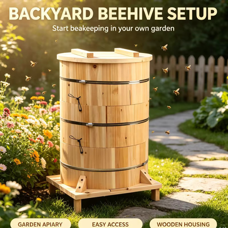 Runder chinesischer Bienenstock in Braun für die Bienenzucht im Freien mit mehrschichtigem Doppelkönigskasten und kleinem Gitter - Bild 3