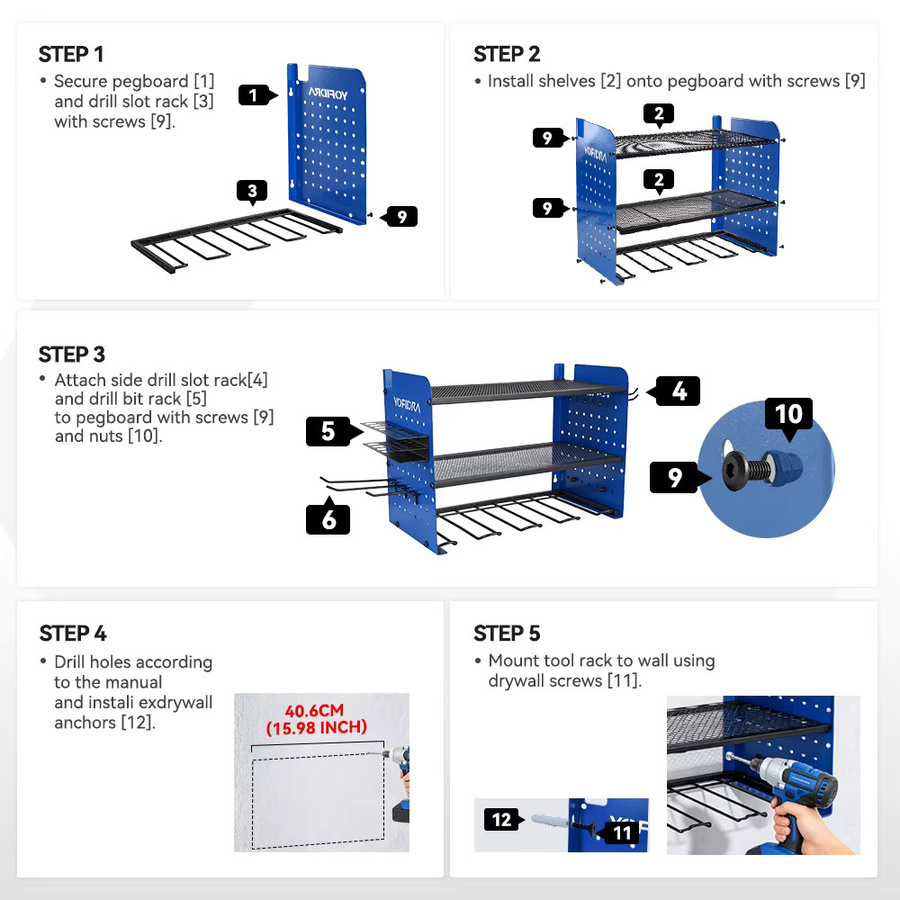 YOFIDRA 3-stufiger Elektrowerkzeug-Organizer zur Wandmontage in Blau, Hochbelastbares Pegboard-Aufbewahrungsregal und Bohrmaschinenhalter für die Garage, B/T/H: 42,9 x 30,0 x 22,0 cm - Bild 5