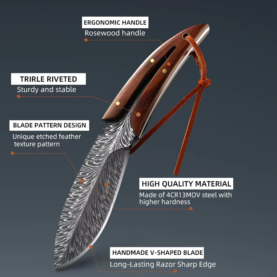 GuanQi Ausbeinmesser mit Holster und braunem Holzgriff - Bild 4