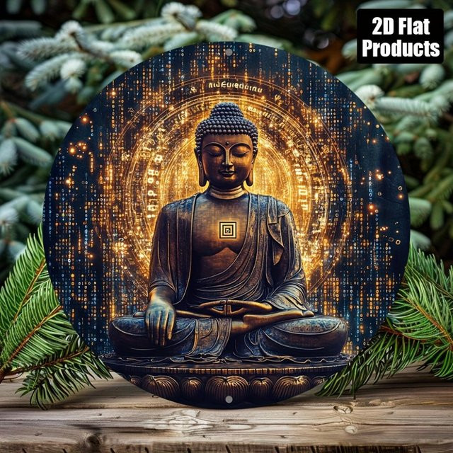 HELLOYOUNG Metallschild Buddha-Statue kreisförmiges Weißblechgemälde mit abstraktem orientalischem Design Durchmesser: 20 cm - Bild 1