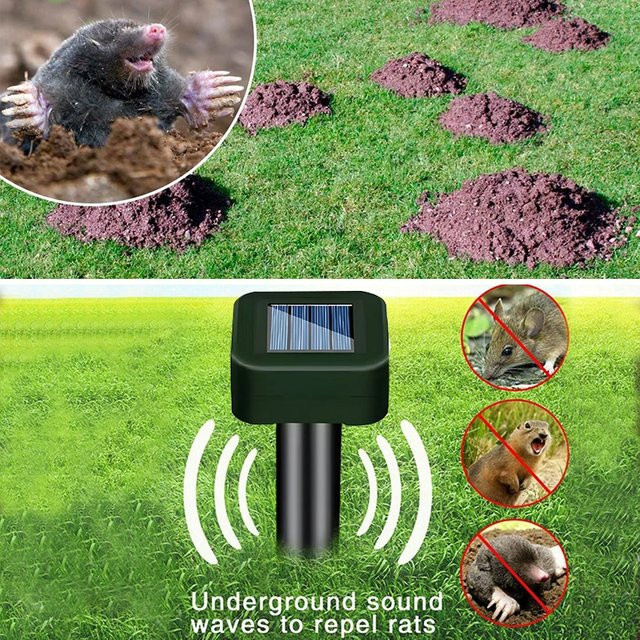 DOUWENXI Solar Ultraschall Maulwurf und Wühlmausabwehr Set, 2 Stück wasserfeste Sonic Repeller für den Außenbereich - Bild 1