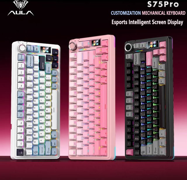 AULA S75 Pro Gaming Mechanische Tastatur in Schwarz mit 75% Layout, Hot-Swap, RGB-Hintergrundbeleuchtung, PBT-Tastenkappen, 4000mAh Akku und LED-Bildschirm-Drehregler - Bild 1