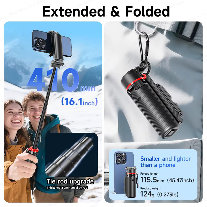 AXNEN Mini-Selfie-Stick-Stativ F07 Quadrapod in Schwarz, ausziehbarer Handyhalter für Smartphones mit Zoom für Vlogs, Höhe: 170 cm - Bild 3