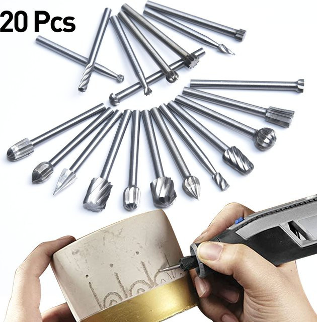 20-teiliges HSS-Drehfeilen-Frässtift-Set in Silber mit 3 mm Schaft für Holz- und Metallschnitzerei inklusive Griff für elektrische Schleifmaschinen - Bild 1