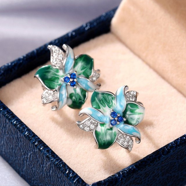 Huitan Ohrringe, Grün Blaue Blumen, Zirkonia, Damen - Bild 1