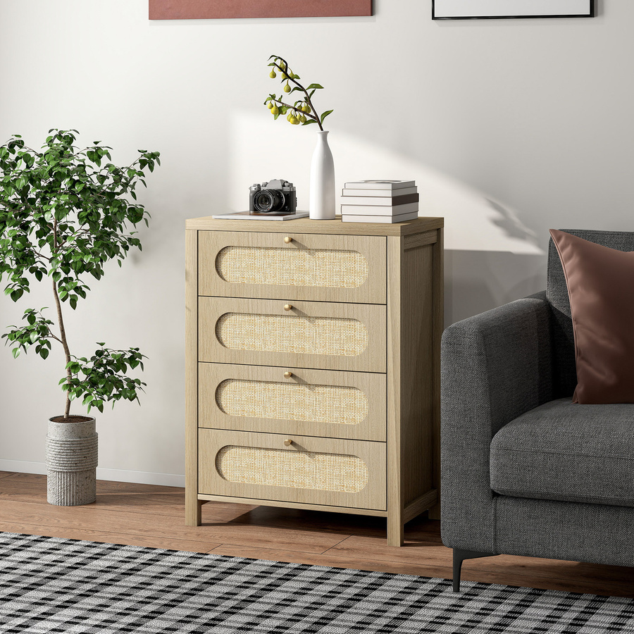 HOMCOM Kommode im Bohème-Stil mit 4 Schubladen und Türen aus geflochtenem Harz, Naturholzoptik, B/T/H: 70 x 38 x 93 cm - Bild 2