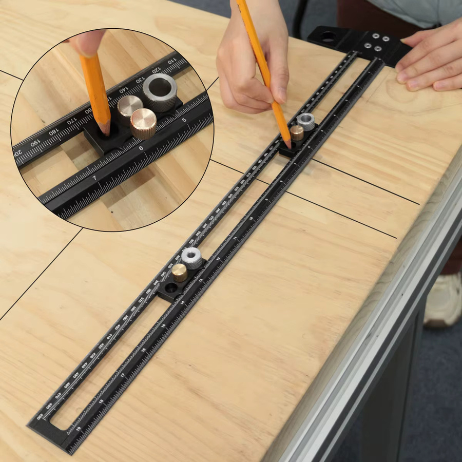 JIGHOLE Multifunktionale Dübellehre mit Bohrhülsen und Kreuzlinien-Puanlineal zur 2-in-1-Bohrpositionierung und als verstellbares Markierungsquadrat - Bild 2