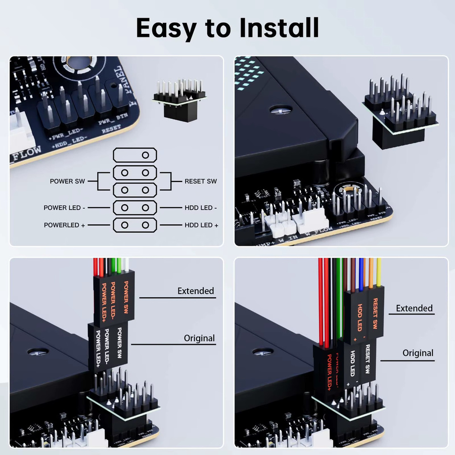 ALLOET Desktop-Computer Ein/Aus-Taste mit RGB-Beleuchtung in Schwarz, PC-Netzschalter für Motherboard und Gehäuse, 2m Kabel - Bild 3