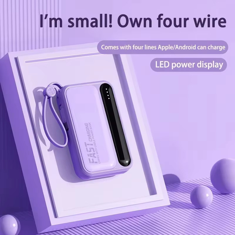 Lenovo Neue Mini Powerbank mit 10000 mAh Kapazität und 4 integrierten Kabeln in Lila für iPhone, Samsung und Xiaomi - Bild 3