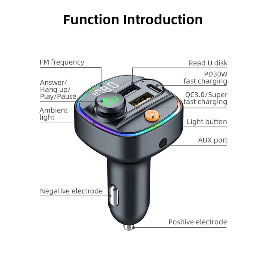 LUTU Bluetooth 5.4 FM-Transmitter mit Freisprecheinrichtung, MP3-Player und PD30 W Schnellladeadapter in Schwarz - Bild 6