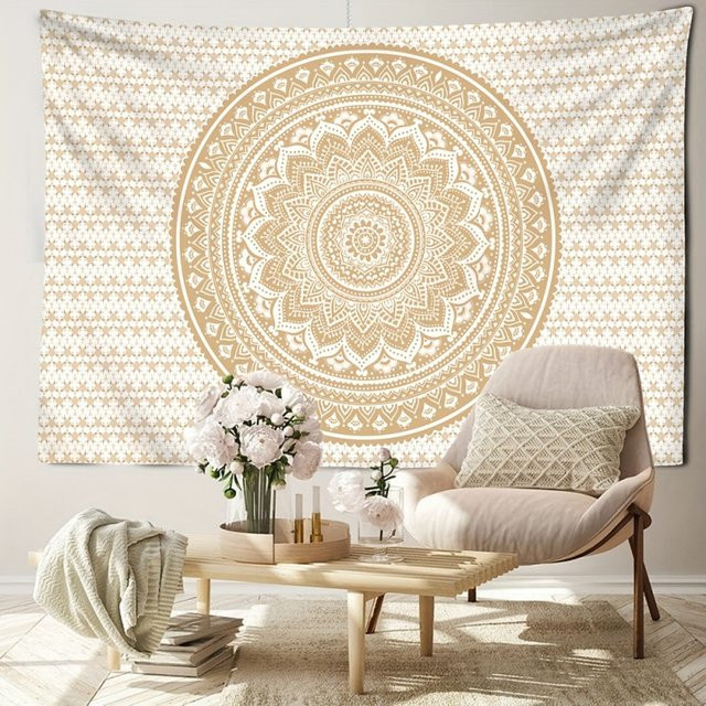 VIKAMA Wandteppich im Mandala-Design mit abstraktem Blumenmuster im Bohemian-Stil, Farbe: Beige - Bild 1