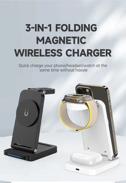 TIMESS 3-in-1 faltbarer magnetischer kabelloser Ladeständer für iPhone und Smartwatch in Schwarz - Bild 1