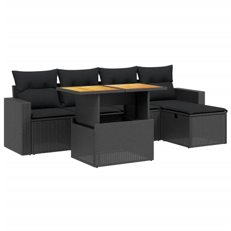 vidaXL 6-teilige Garten-Sofagarnitur aus Poly-Rattan und Akazienholz in Schwarz mit Kissen - Bild 2