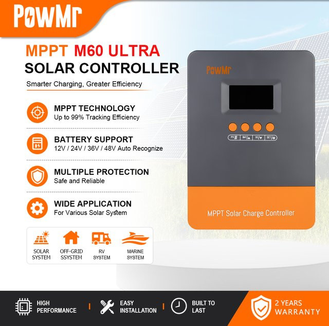 PowMr M60 ULTRA 60A MPPT Solarladeregler für 12/24/36/48V mit LCD und Parallelfunktion für Blei- und Lithiumbatterien (Max. PV 160V) - Bild 1