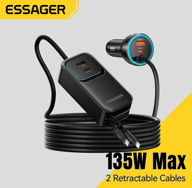 Essager 135W Dual Retractable Kabel-Ladegerät mit Rückseitiger Steckdose und USB-C PD QC Schnellladung in Schwarz - Bild 1