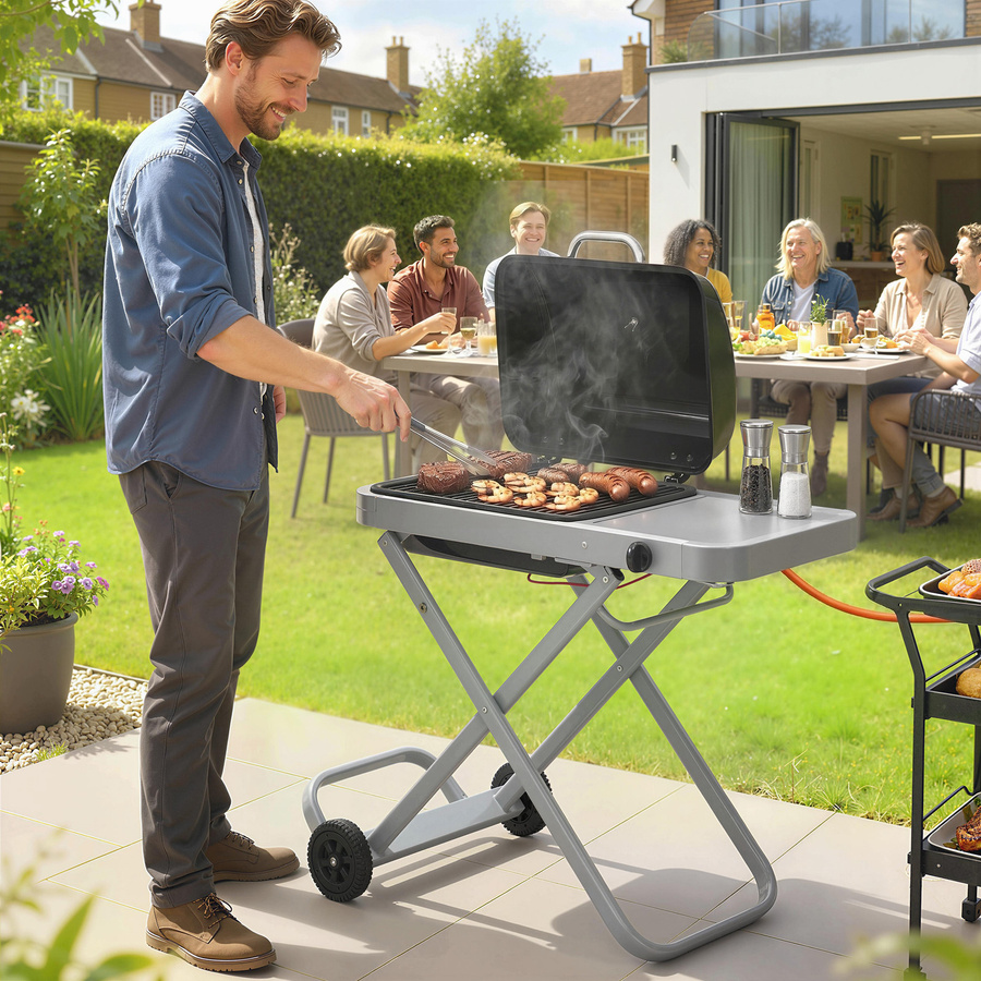 Outsunny Tragbarer Gasgrill mit 1 Brenner und 2,5kW, Grillwagen mit Rollen, Deckel, Thermometer, Seitentisch und Fettauffangschale, Schwarz/Grau - Bild 2