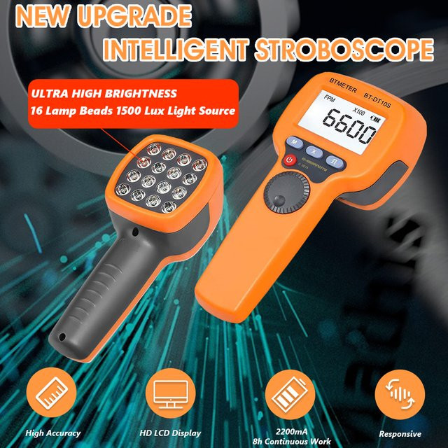 BTMETER Berührungsloser digitaler Stroboskop-Drehzahlmesser in Orange für Motoren und elektrische Maschinen - Bild 1