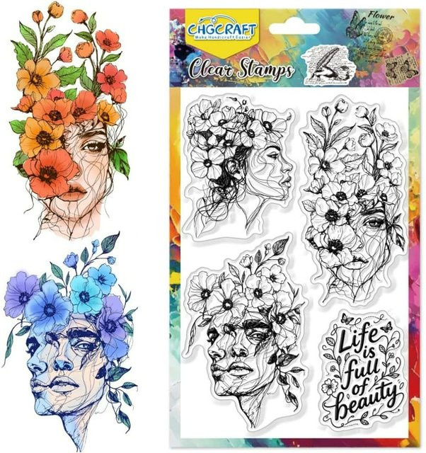 Transparente Stempel mit Gesichtslinien-Muster, Blumen und abstrakten Linien für DIY-Scrapbooking und Karten aus Kunststoff - Bild 1