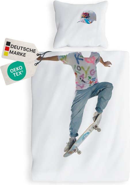 NYVI Renforce Kinderbettwäsche Deluxe aus 100% Baumwolle mit Skater-Motiv, Farbe: Skater, B/H: 135 x 200 cm - Bild 1