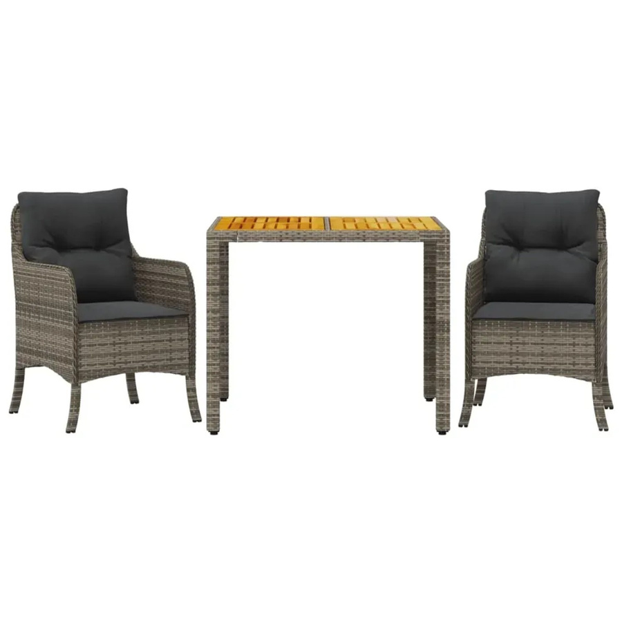 vidaXL 3-teilige Garten-Essgruppe aus Poly-Rattan und Akazienholz in Grau mit Kissen - Bild 2