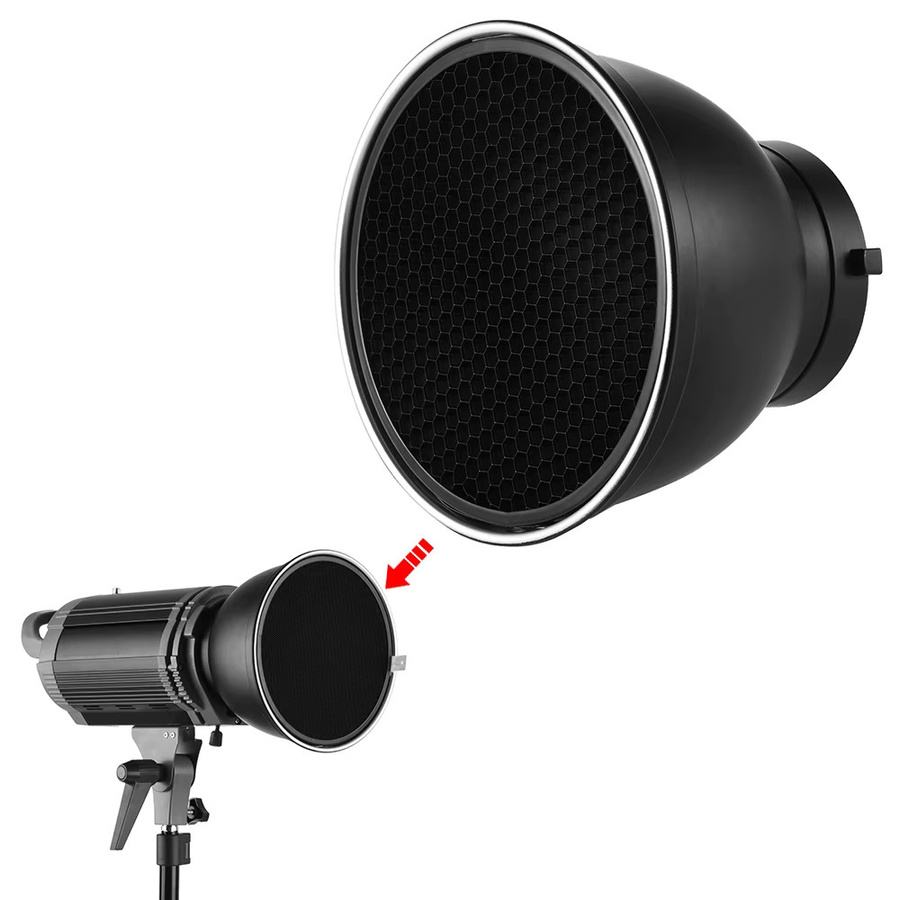 Andoer 7 Zoll Standard-Lampenschirm mit Reflektordiffusor und 60 Grad Wabengitter für Bowens Mount Studio Strobe Flash Light Speedlite in Schwarz - Bild 5