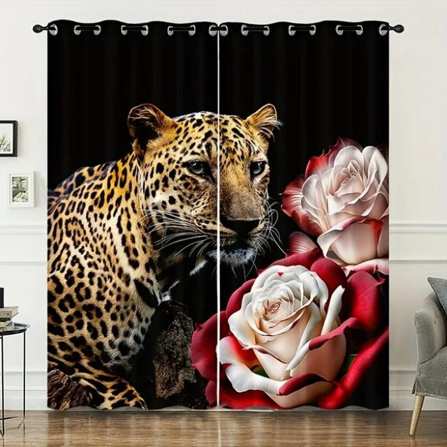 Yiran Furniture Hochverdunkelungsvorhang Waldtiere Leopard Print in Rose und Multicolour, B: 55 cm, H: 120 cm, 2er-Set mit Ösen - Bild 1