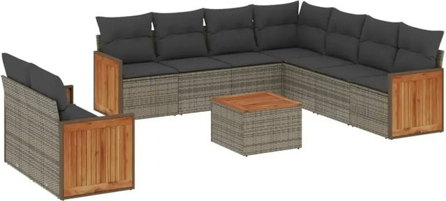 vidaXL 10-tlg Garten-Sofagarnitur in L-Form aus Polyrattan und Akazienholz mit Kissen in Grau - Bild 1