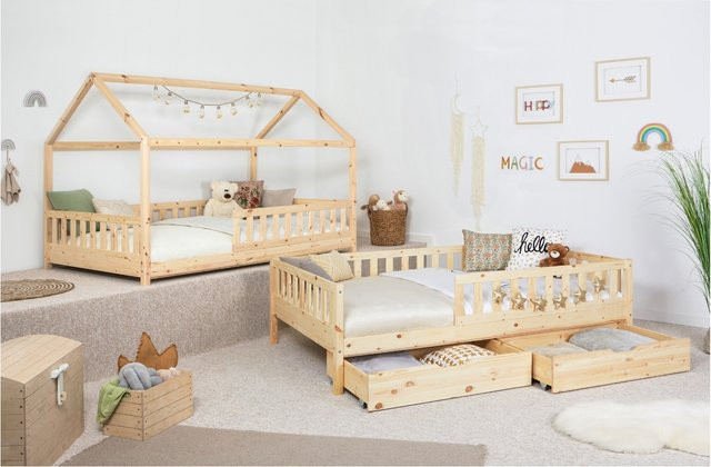 TiCAA 2 in 1 Hausbett Bodenbett aus Kiefer Massivholz mit abnehmbarem Dach, Schubladen und Rausfallschutz, Weiß - Bild 1