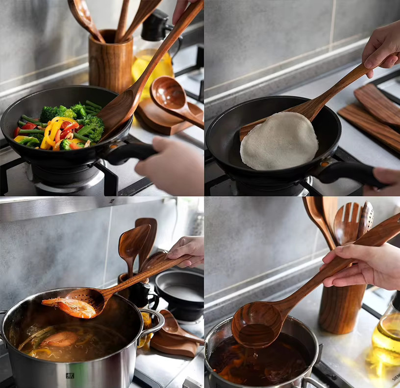 WXCOO Küchenlöffel-Set aus natürlichem Teakholz in Braun, ideal für antihaftbeschichtete Pfannen - Bild 3