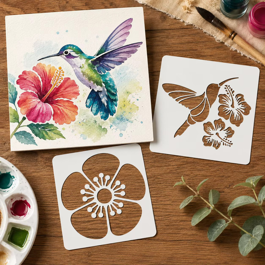 4 Stück Kolibri-Blumen-Schablonen in Weiß, wiederverwendbare Vogel- und Blumenmalvorlagen für DIY-Wanddekoration auf Leinwand und Stoff, B/H: 12,95 x 12,95 cm - Bild 3
