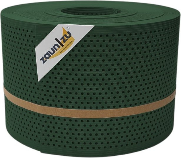 zaun zu Sichtschutzstreifen für Doppelstabmattenzäune, Rille gelocht, semi-transparent, PP, Tannengrün, 50m - Bild 1