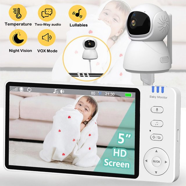 Cdycam Video-Babyphone mit 5,0 Zoll IPS-Bildschirm, PTZ-Kamera, 2-Wege-Audio, Nachtsicht und Schlaflied-Funktion in Weiß - Bild 1