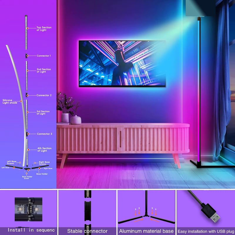 TINGMIAO RGB Eck-Stehleuchte aus Aluminium mit App-Steuerung und Musiksynchronisation, dimmbare LED Stehlampe in Multicolour für Wohnzimmer und Schlafzimmer - Bild 6