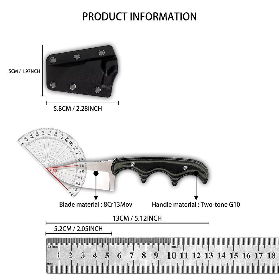 Mini-Taschenmesser mit Vollklinge aus Edelstahl und zweifarbigen G10-Griff inklusive Scheide, EDC Outdoor-Camping-Werkzeug, 2,05 Zoll - Bild 5