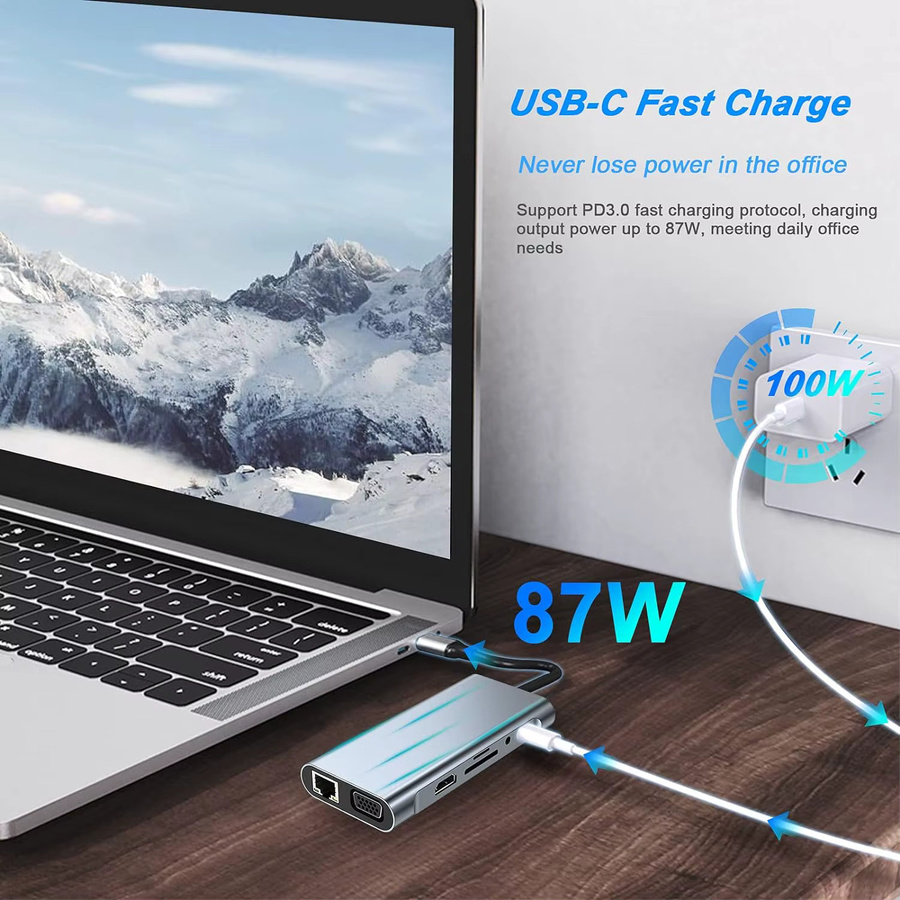 FEIWIMI USB C Hub Adapter Dongle in Silber mit 4K HDMI, VGA, USB C PD, RJ45 Ethernet, SD und TF Kartenleser für MacBook Pro/Air M1 und iPad - Bild 2