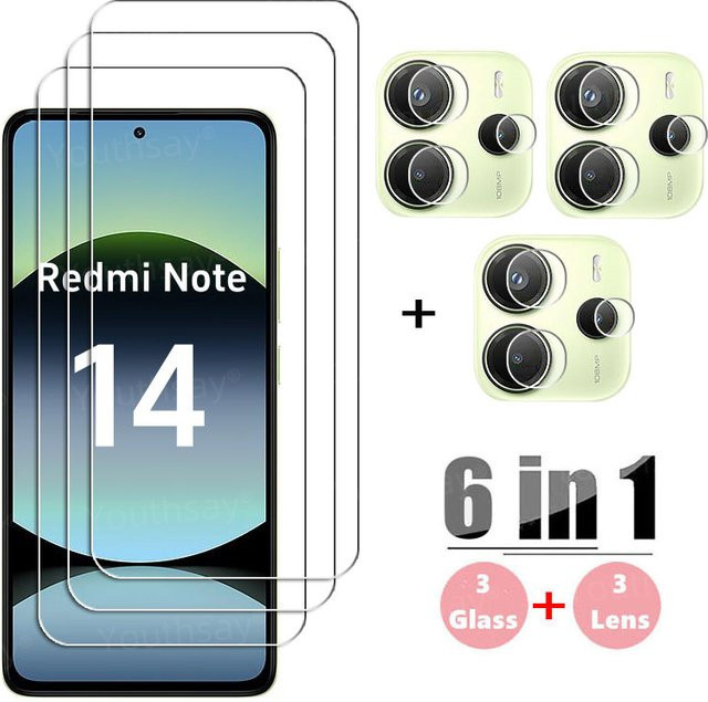 6in1 Displayschutzset für Xiaomi Redmi Note 14 mit gehärtetem Glas und Kameraobjektivfolie, transparent - Bild 1