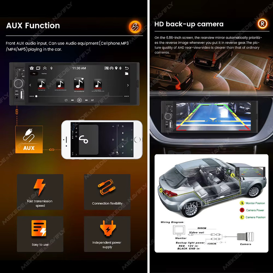 TomoStrong 1DIN MP5 Android Autoradio mit 6,86 Zoll HD-Touchscreen, 2GB RAM + 64GB Speicher, Schwarz, unterstützt kabelloses CarPlay und AUTO - Bild 2