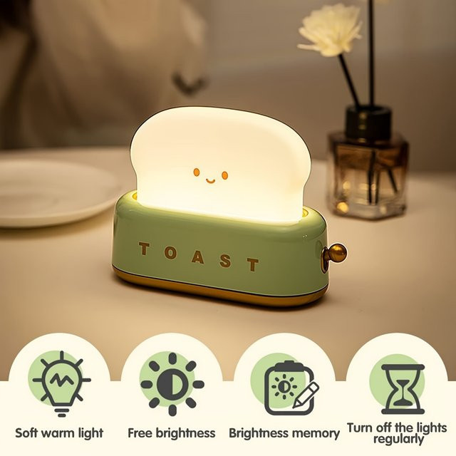 XIWANGFIRE Toaster-Nachtleuchte als wiederaufladbare LED-Tischlampe in Grün mit Metallakzenten für Schlafzimmer und Kinderzimmer - Bild 1