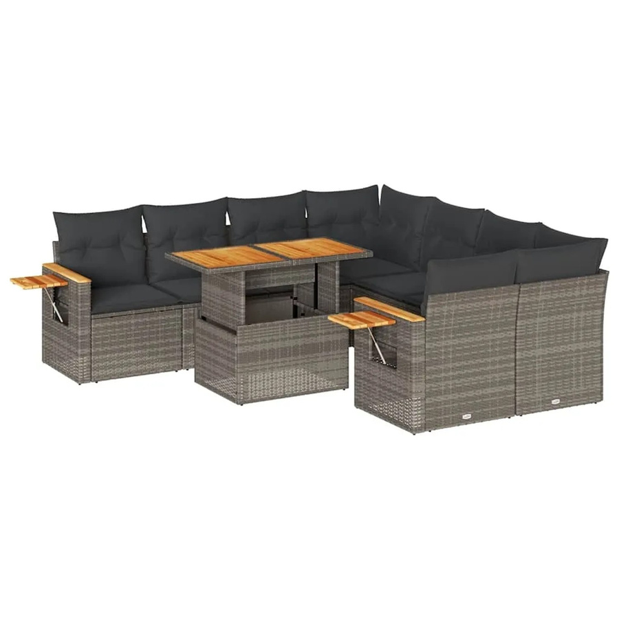 vidaXL 9-tlg. Garten-Sofagarnitur in L-Form aus Poly-Rattan und Akazienholz mit Kissen in Grau - Bild 2