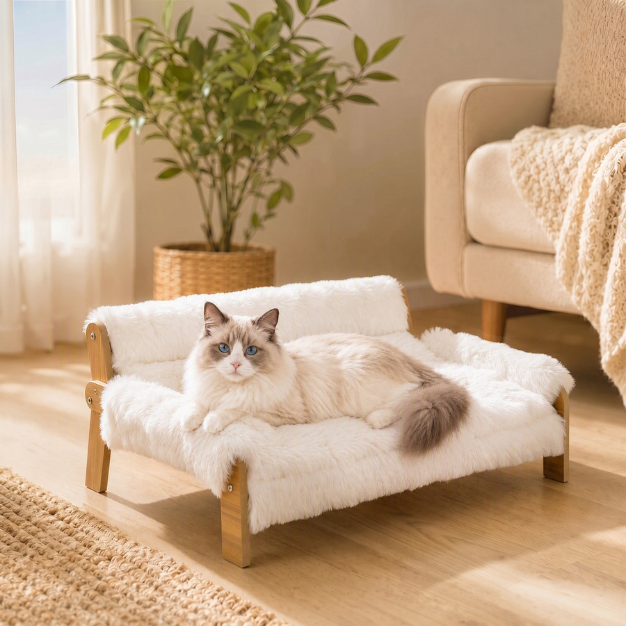 PawHut Erhöhtes Hundebett von Aosom mit Holzrahmen und Plüschkissen in Weiß, B/T/H: 70 x 47 x 30 cm - Bild 2