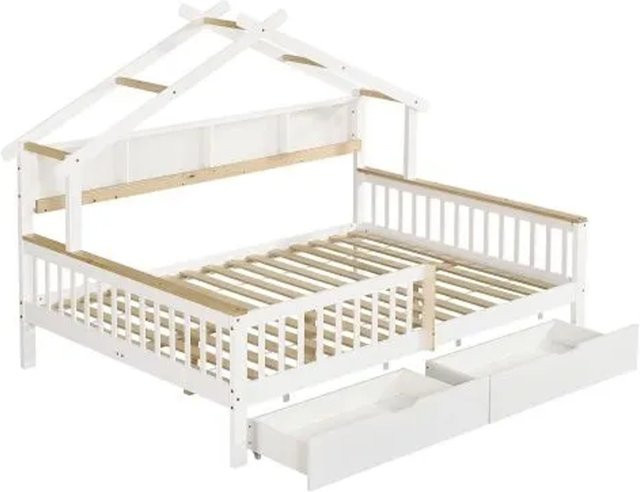 KOMHTOM Kinderbett im Blockhaus-Design aus Kiefernholz mit Schutzgitter, Ablagefach und zwei Schubladen, Weiß und Natur, B/T/H: 140 x 200 cm - Bild 1
