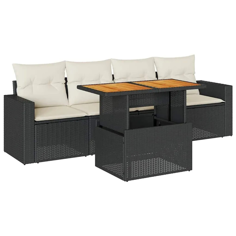 vidaXL 5-teilige Garten-Sofagarnitur in L-Form aus Poly-Rattan und Akazienholz in Schwarz-Creme mit Kissen und Stauraum - Bild 2