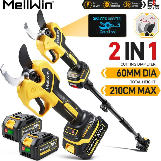 MELLWIN Bürstenlose Elektro-Astschere mit 60 mm Schneidkapazität und 180 cm Teleskopstange, 2-in-1 Gartenwerkzeug in Gelb, kompatibel mit Makita LXT 18V Akku - Bild 1